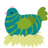 A teal and chartreuse chicken with a bar pattern