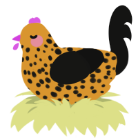 A orange and black chicken with a speckle pattern