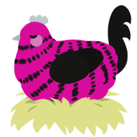 A fuchsia and black chicken with a bar pattern
