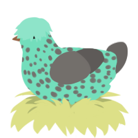 A mint and grey chicken with a speckle pattern
