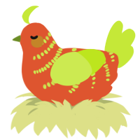A vermilion and lime chicken with a half-bar pattern