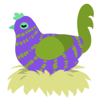 A blurple and chartreuse chicken with a bar pattern