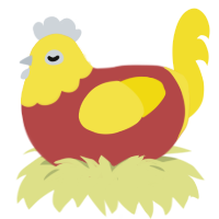 pommes, a red and yellow chicken with a head pattern