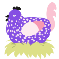 A blurple and rose chicken with a speckle pattern