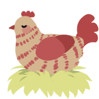 carrot, a beige and red chicken with a bar pattern