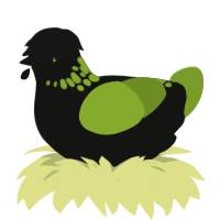 A black and chartreuse chicken with a neck-speckle pattern
