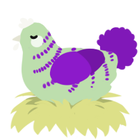 A gluppy and violet chicken with a half-bar pattern