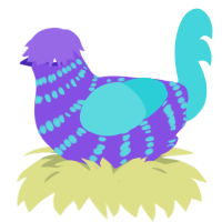 A blurple and aqua chicken with a bar pattern