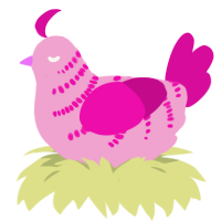 A pink and fuchsia chicken with a half-bar pattern