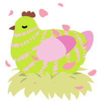 A lime and pink chicken with a bar pattern