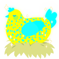 A yellow and aqua chicken with a speckle pattern