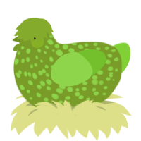A chartreuse and grass chicken with a speckle pattern