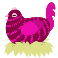 A maroon and fuchsia chicken with a bar pattern