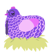 Blimon, a blurple and lavender chicken with a lace pattern