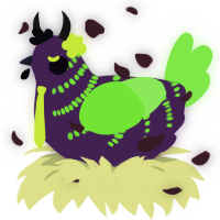 Toxic, a gluppy and violet chicken with a half-bar pattern