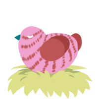 Funky, a pink and red chicken with a bar pattern