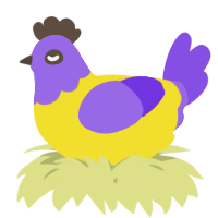 A yellow and blurple chicken with a head pattern