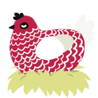 A crimson and white chicken with a lace pattern
