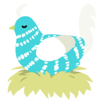 A aqua and white chicken with a bar pattern