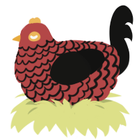 A red and black chicken with a lace pattern
