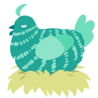 A turquoise and mint chicken with a bar pattern