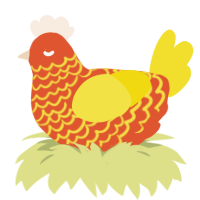 A vermilion and yellow chicken with a lace pattern