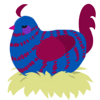 Belinda, a ultramarine and maroon chicken with a bar pattern