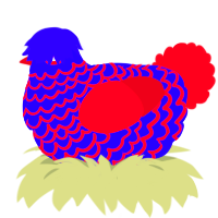 A indigo and crimson chicken with a lace pattern