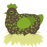 Ash, a bark and chartreuse chicken with a speckle pattern