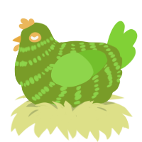 Clover, a chartreuse and grass chicken with a bar pattern