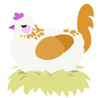 Milo, a white and orange chicken with a neck-speckle pattern