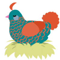 A teal and vermilion chicken with a lace pattern