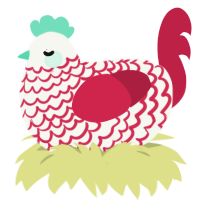 Dragonbreath, a white and crimson chicken with a lace pattern
