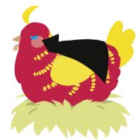 Kachow, a crimson and yellow chicken with a half-bar pattern