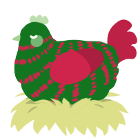 Zambelle Bloodlust, a leaf and crimson chicken with a bar pattern