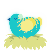 A cerulean and yellow chicken with a half-bar pattern