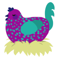Sea, a plum and turquoise chicken with a speckle pattern