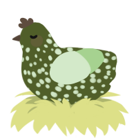 Moss, a olive and gluppy chicken with a speckle pattern