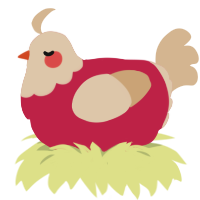 ketchup pancake, a crimson and beige chicken with a head pattern
