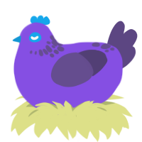 Grimace, a blurple and overcast chicken with a neck-speckle pattern
