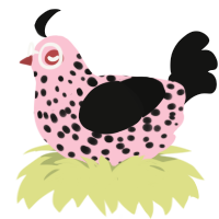 A rose and black chicken with a speckle pattern