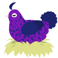 Maurice, a violet and navy chicken with a speckle pattern