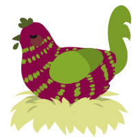happy, a maroon and chartreuse chicken with a bar pattern