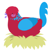 happy, a crimson and sky chicken with a neck-speckle pattern