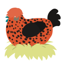 A vermilion and sable chicken with a speckle pattern