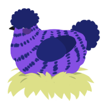 A blurple and navy chicken with a bar pattern