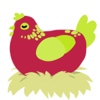 Annoyed Noises, a crimson and lime chicken with a neck-speckle pattern