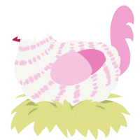 A white and pink chicken with a bar pattern