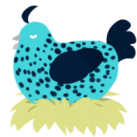 Spotty, a aqua and tumblr chicken with a speckle pattern