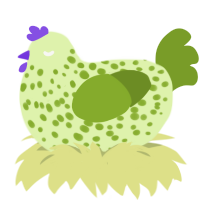A apple and chartreuse chicken with a speckle pattern